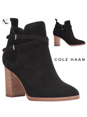 Cole Haan Linnie Black Suede Booties Block Heel Leather Women’s Ankle Boots 9.5